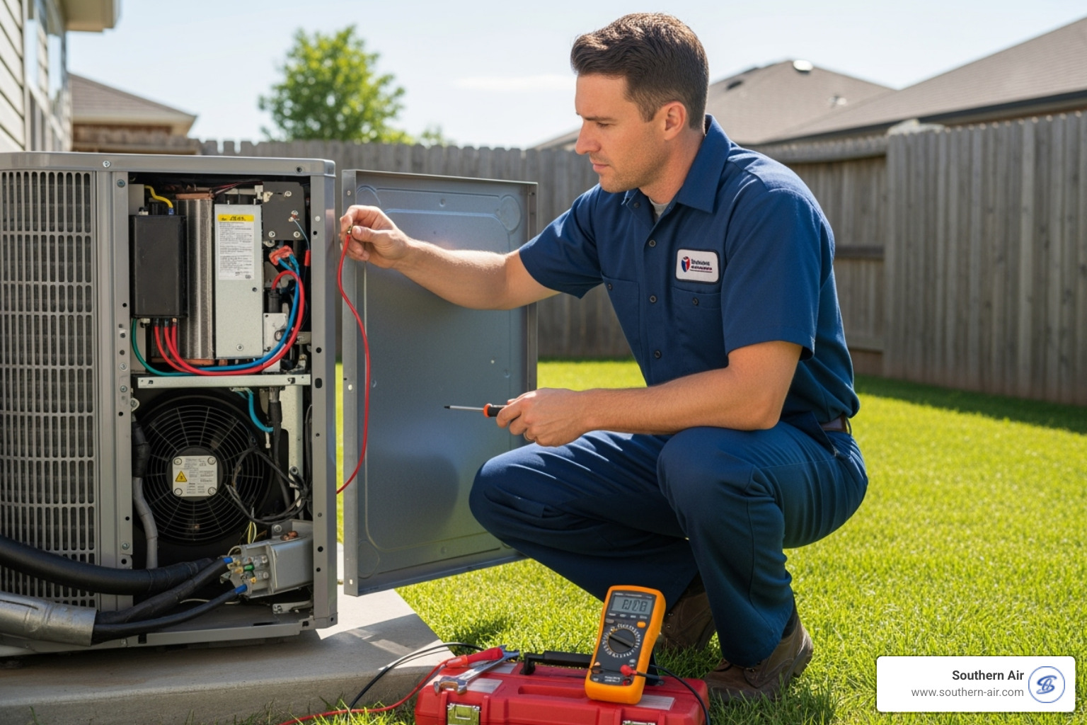 Technician performing routine maintenance on outdoor AC unit - Home comfort systems