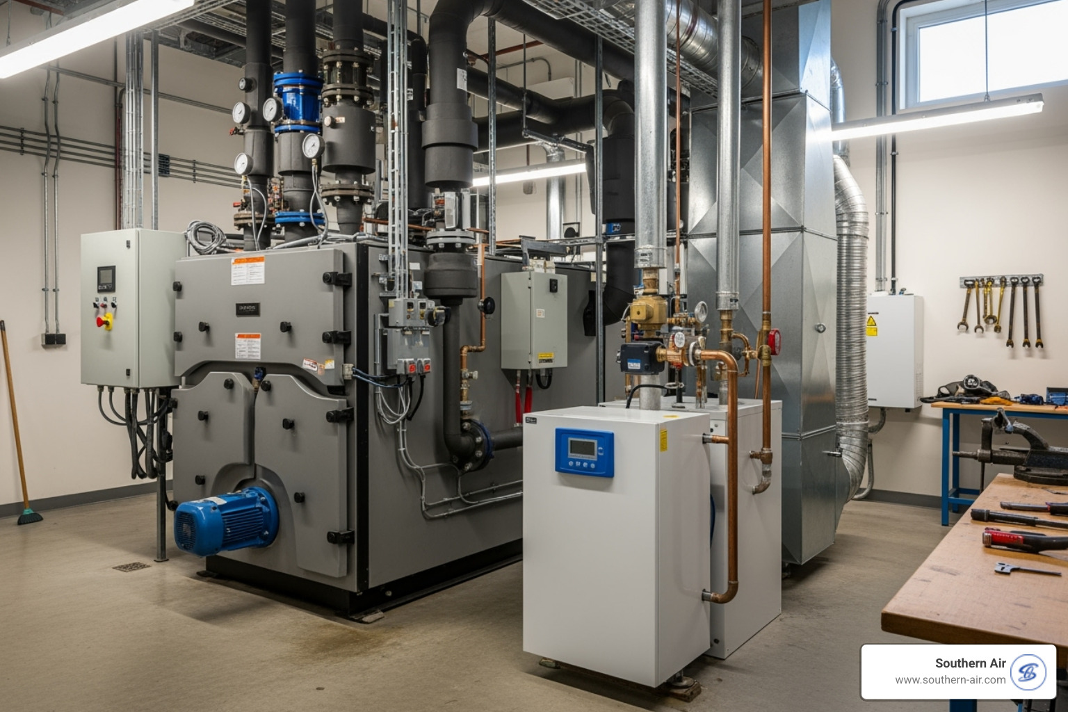 Large commercial boiler next to a smaller residential unit - Commercial boiler installation