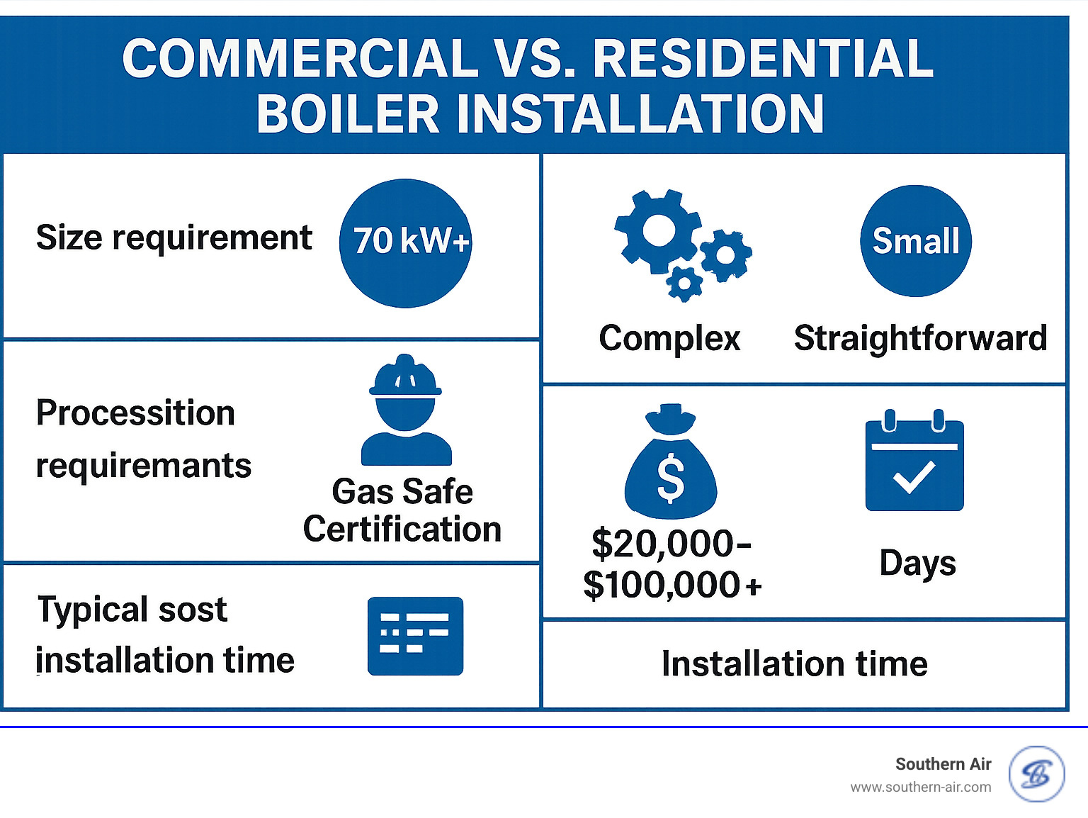 Infographic showing commercial vs residential boiler installation differences including size requirements (70kW+ for commercial), complexity levels, professional certifications needed, typical costs, and installation timelines - Commercial boiler installation infographic 