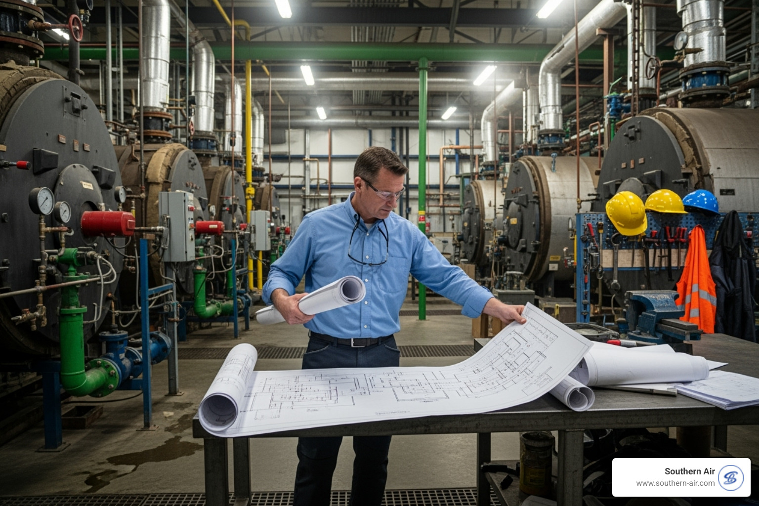 Engineer reviewing blueprints in a plant room - Commercial boiler installation