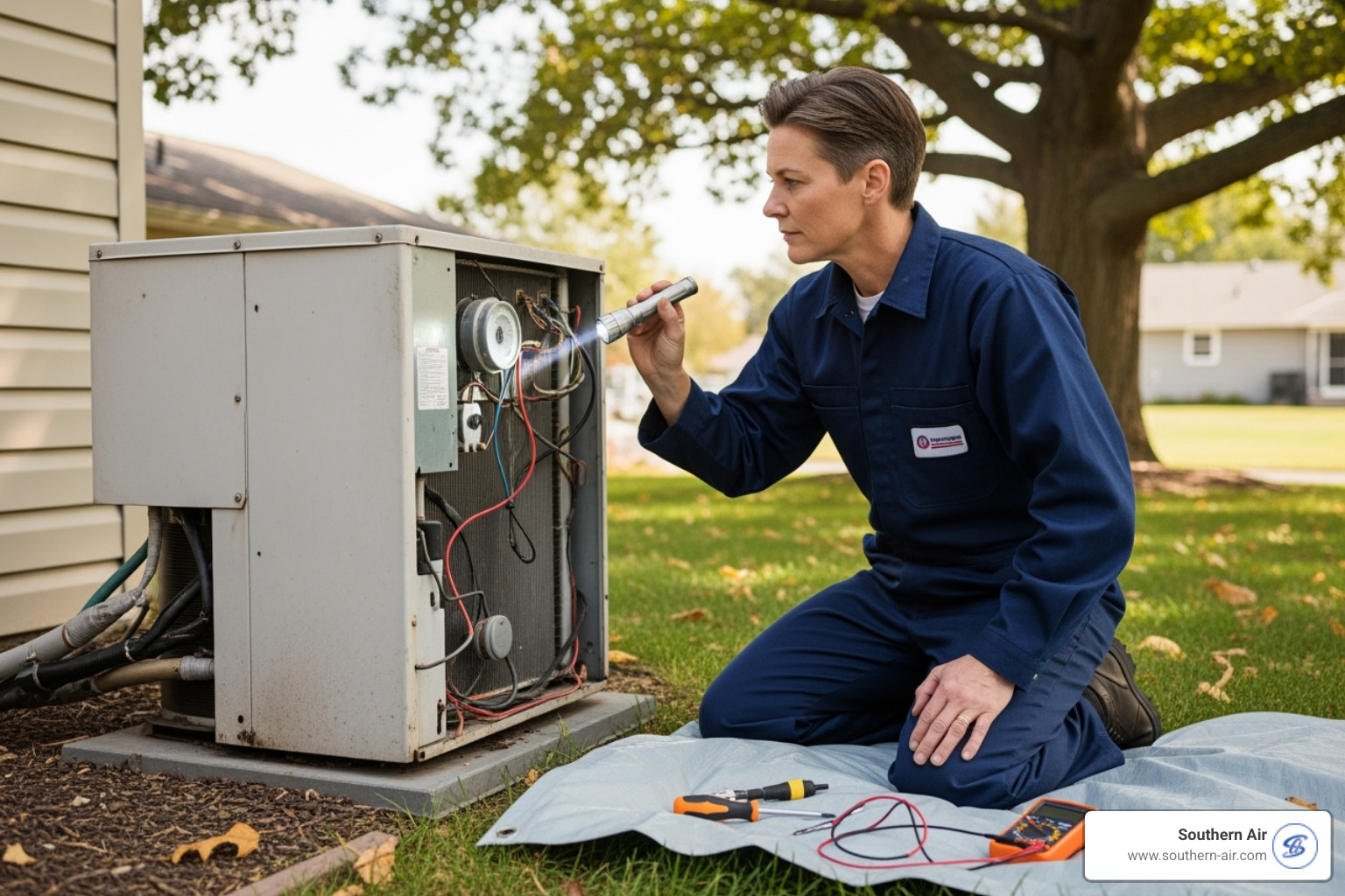 HVAC technician inspecting an outdoor AC unit - hvac lynchburg