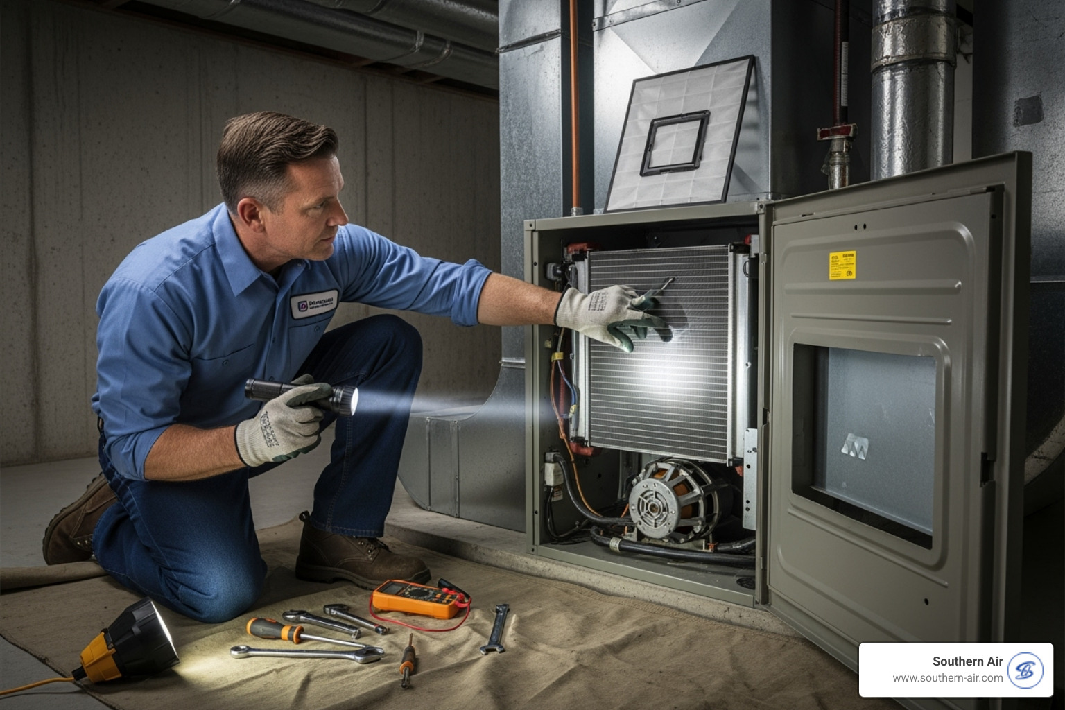 professional technician inspecting HVAC system's internal components - Residential HVAC maintenance