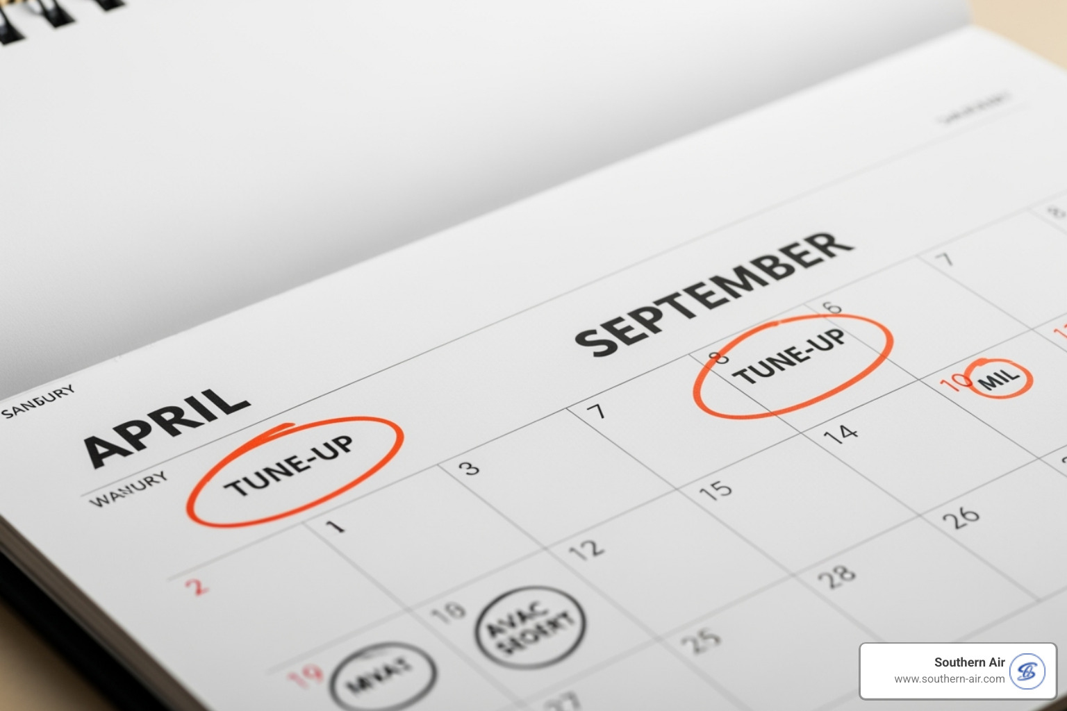 calendar with spring and fall highlighted for HVAC tune-ups - Residential HVAC maintenance