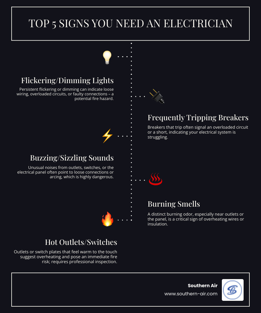 Infographic showing the top 5 signs you need an electrician: flickering lights, frequently tripping breakers, buzzing sounds from outlets, burning smells, and outlets that feel hot to touch, with safety warnings and when to call a professional immediately - electrician lynchburg infographic infographic-line-5-steps-dark