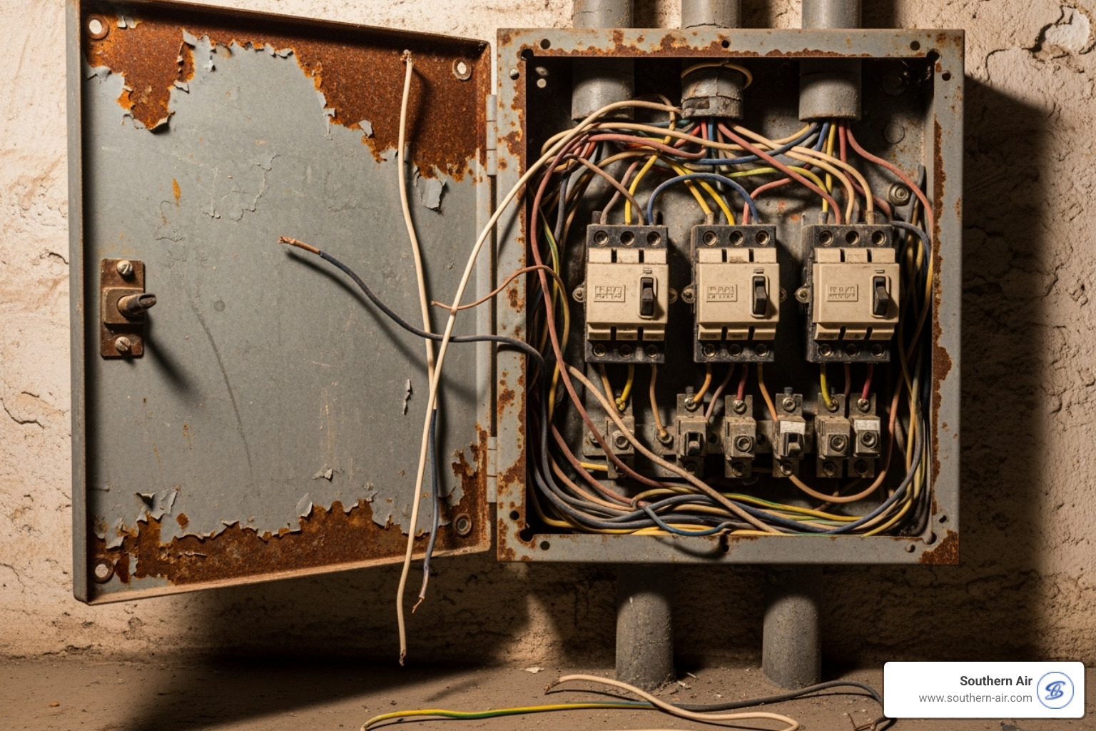 An image of an old, hazardous-looking electrical panel with exposed wires and outdated components, illustrating the need for professional inspection and potential upgrades. - electrician lynchburg