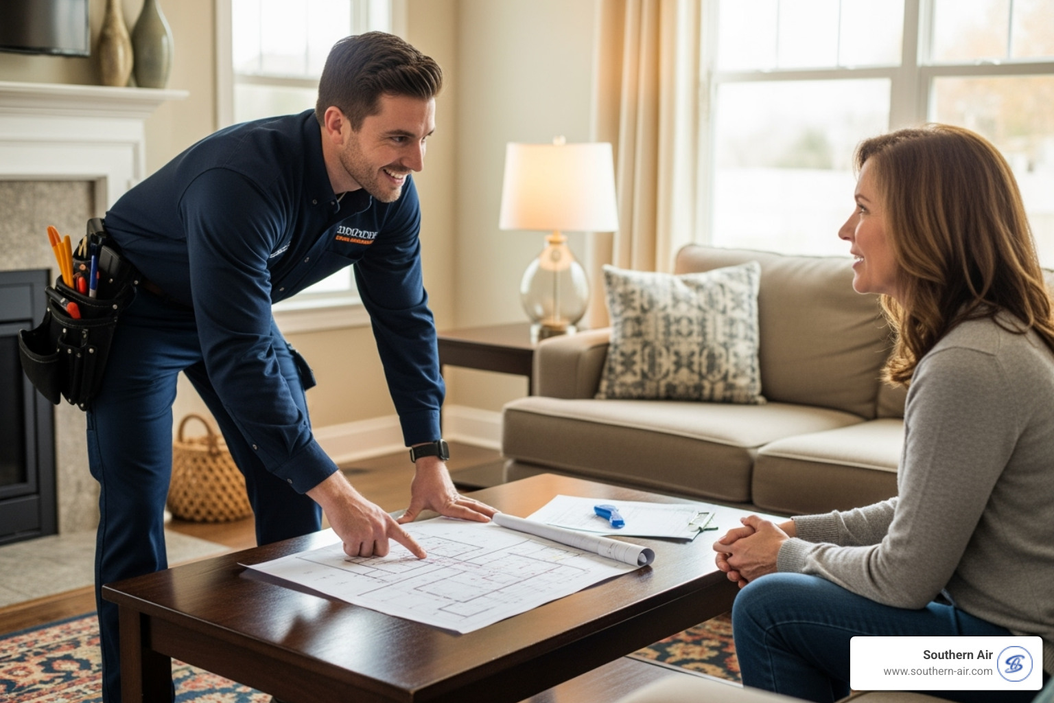 An image of a friendly electrician, dressed professionally, discussing a project with a homeowner in their living room, pointing to plans, emphasizing clear communication and trust. - electrician lynchburg