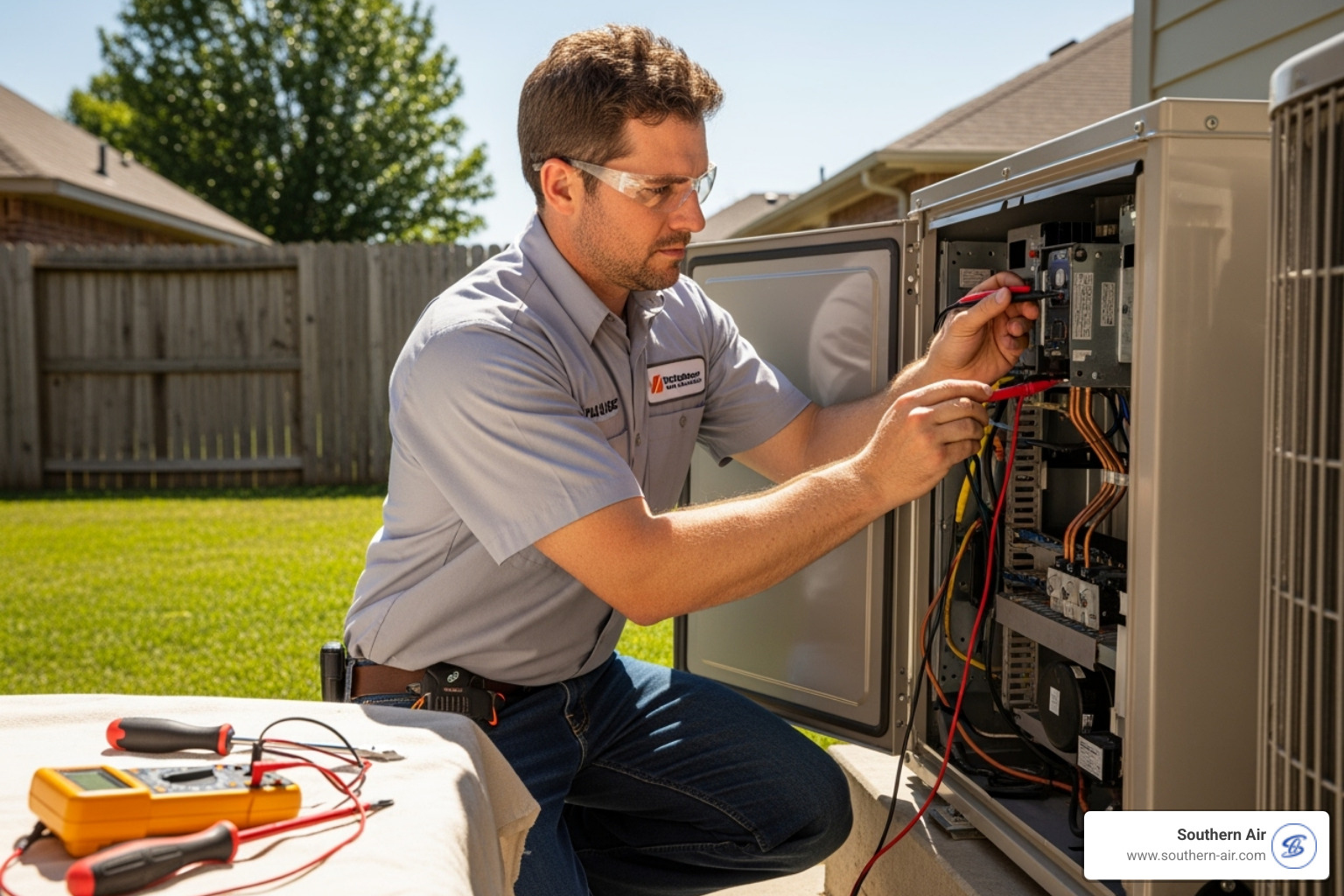 technician inspecting an outdoor AC unit - Richmond AC service technician inspecting an outdoor AC unit - Richmond AC service