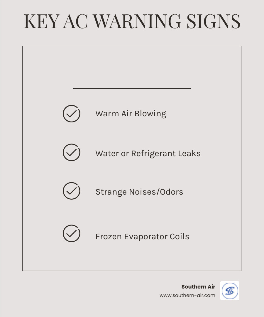 Comprehensive infographic showing the 8 key warning signs that indicate your Richmond air conditioning system needs professional service: warm air blowing from vents, insufficient airflow, frequent on-off cycling, high indoor humidity levels, water or refrigerant leaks, unusual odors, strange noises from unit, and frozen evaporator coils - Richmond AC service infographic checklist-light-beige Comprehensive infographic showing the 8 key warning signs that indicate your Richmond air conditioning system needs professional service: warm air blowing from vents, insufficient airflow, frequent on-off cycling, high indoor humidity levels, water or refrigerant leaks, unusual odors, strange noises from unit, and frozen evaporator coils - Richmond AC service infographic checklist-light-beige