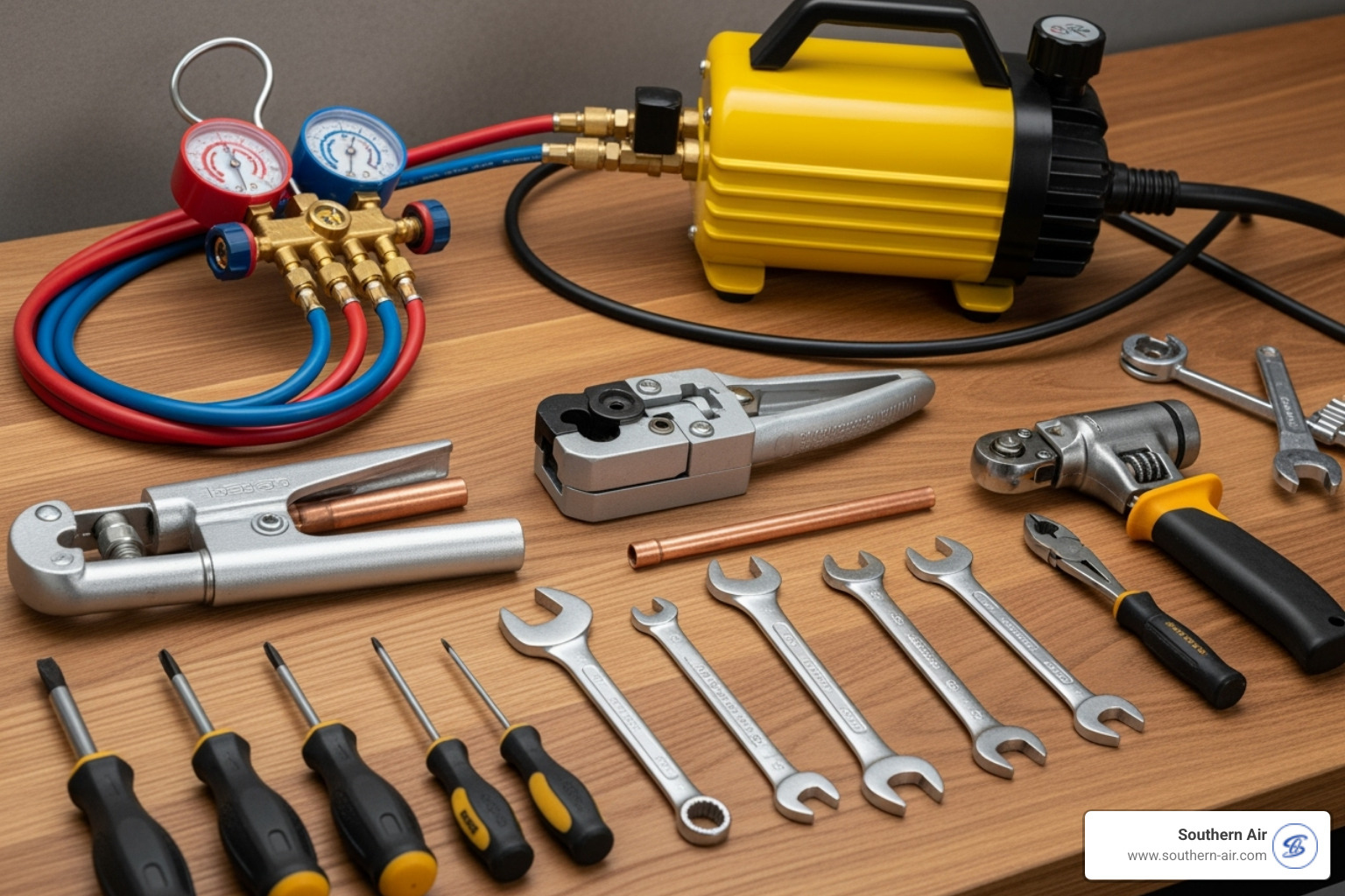 Necessary tools for a mini-split installation laid out neatly on a workbench - Ductless mini-split installation