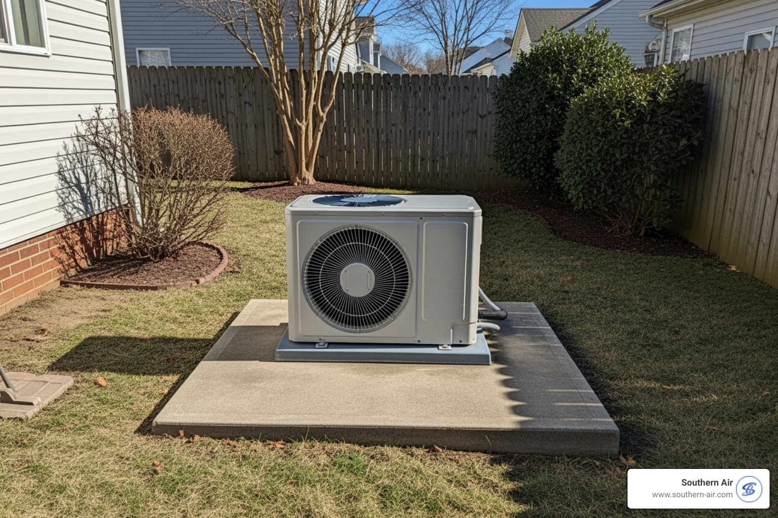 An outdoor condenser unit for a ductless mini-split system, properly placed on a concrete pad with adequate clearance around it - Ductless mini-split installation