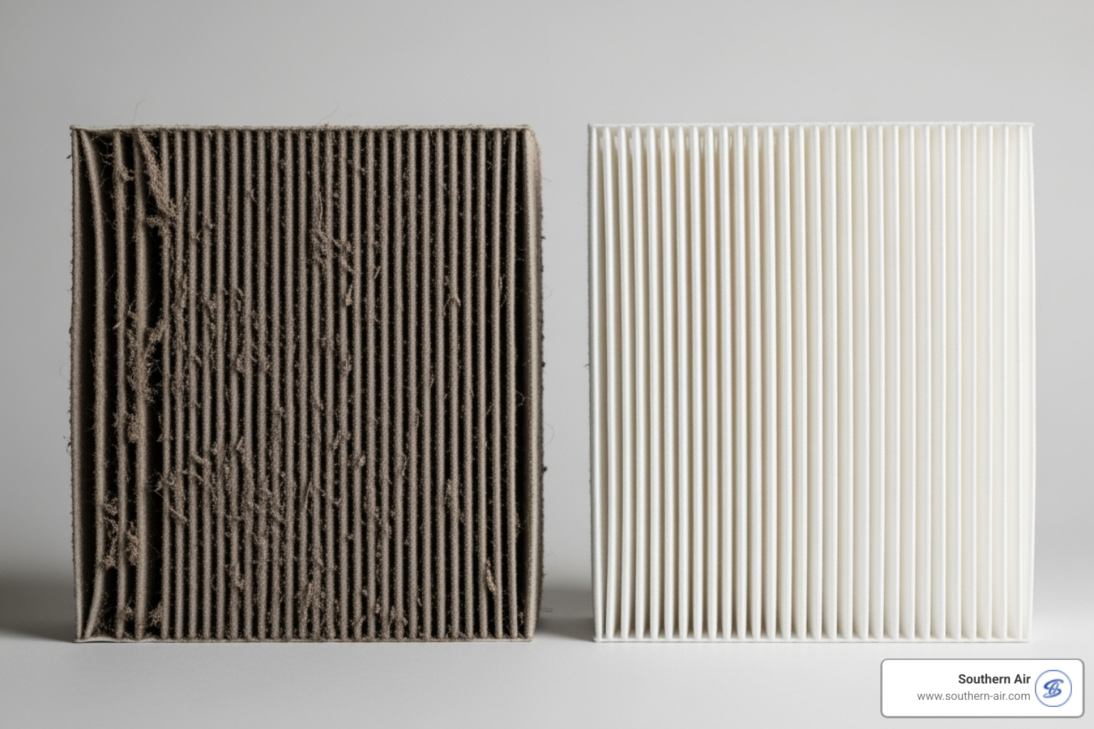 dirty air filter next to a clean one - AC blowing hot air