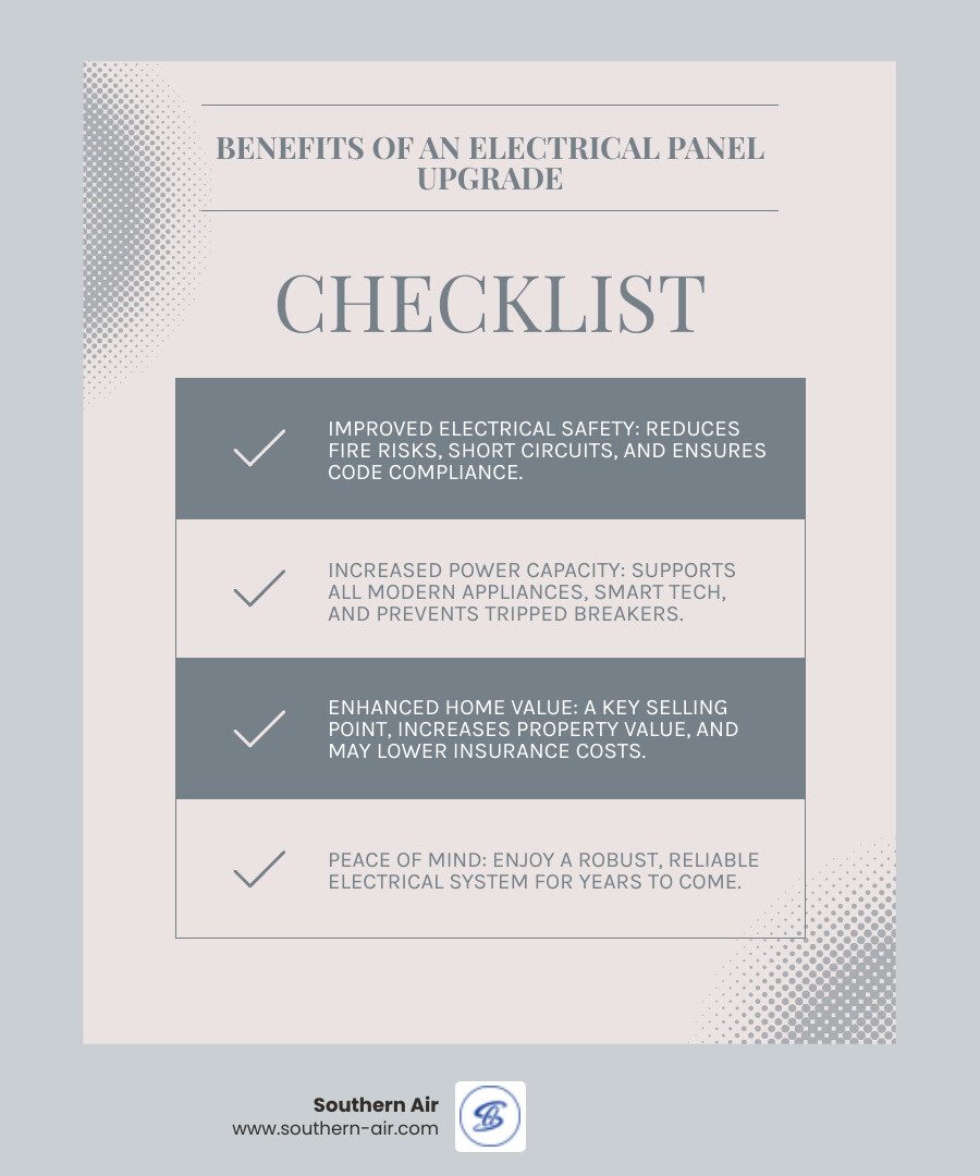 Infographic showing the benefits of an electrical panel upgrade, such as increased safety, higher home value, and accommodating modern appliances - 100 amp panel upgrade infographic checklist-light-blue-grey