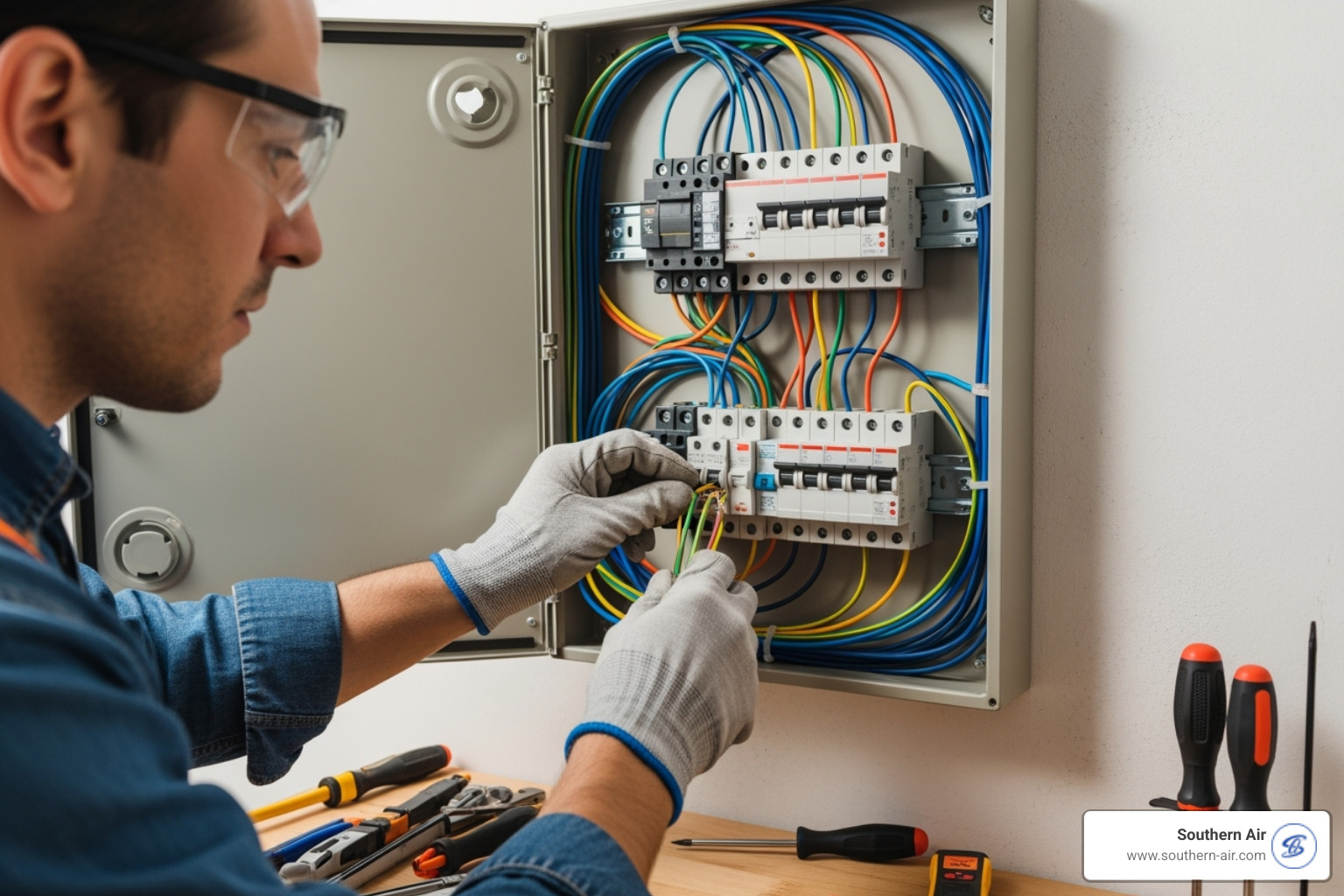 Licensed electrician safely installing a new electrical panel - 100 amp panel upgrade
