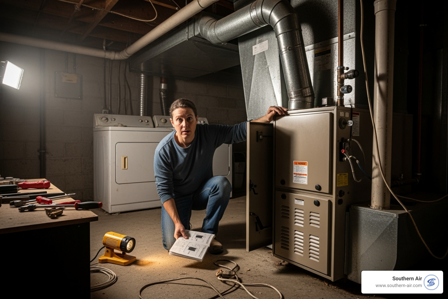 homeowner looking at their furnace with a confused expression - furnace constantly running