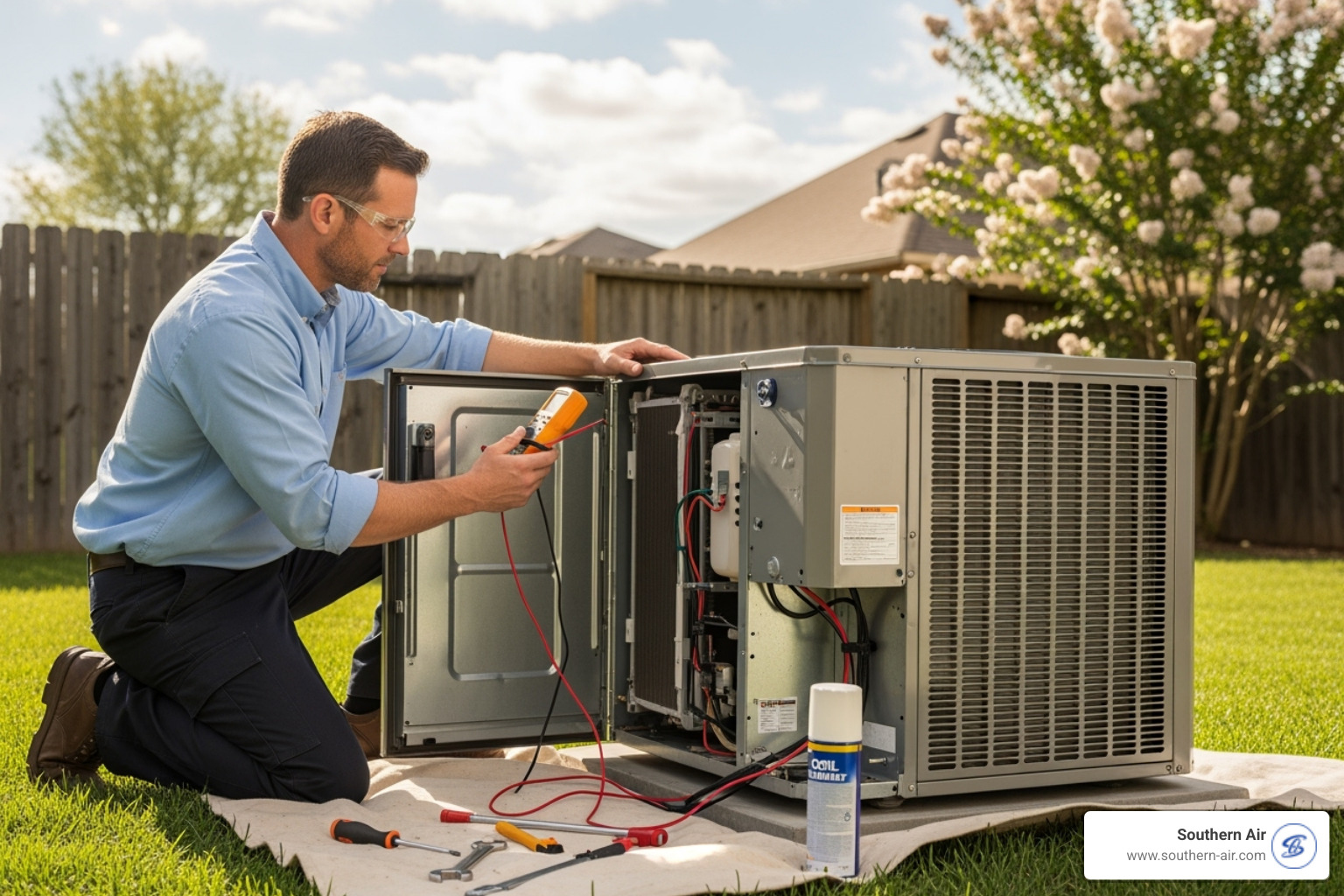 technician servicing an outdoor AC unit - AC tune up Virginia technician servicing an outdoor AC unit - AC tune up Virginia