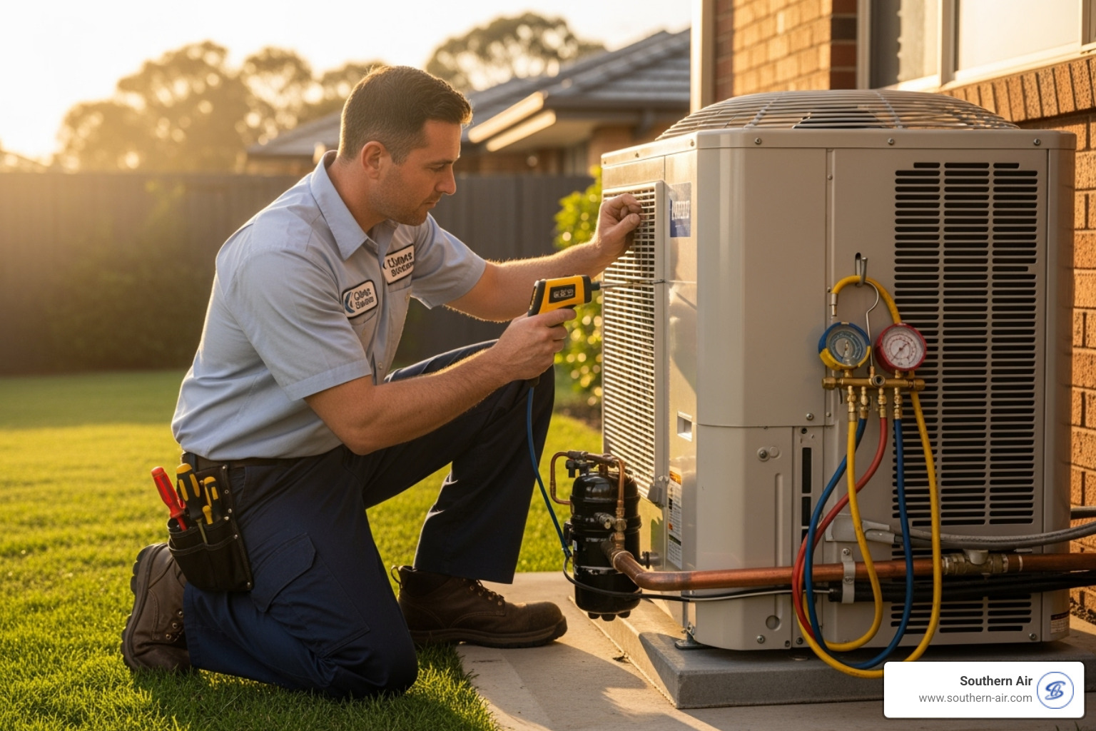 HVAC technician inspecting an outdoor heat pump unit - Heat pump not heating