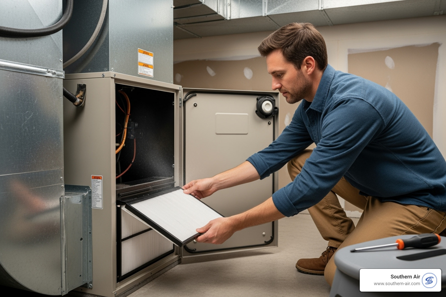 Homeowner checking their air filter - Heat pump not heating