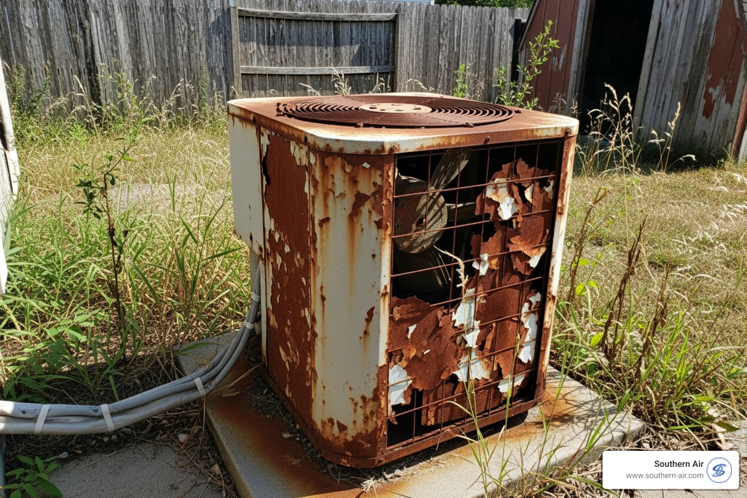 An old, rusty outdoor AC unit sitting in a residential backyard - ac installation lynchburg