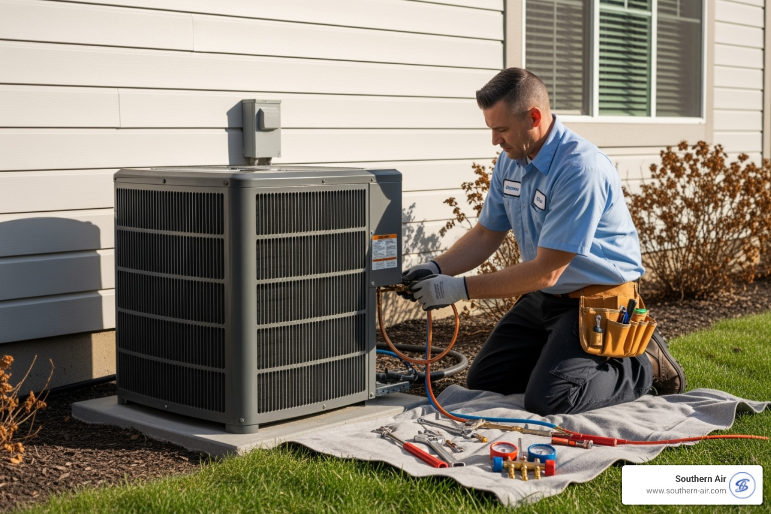 A professional technician carefully installing a new outdoor condenser unit - ac installation lynchburg