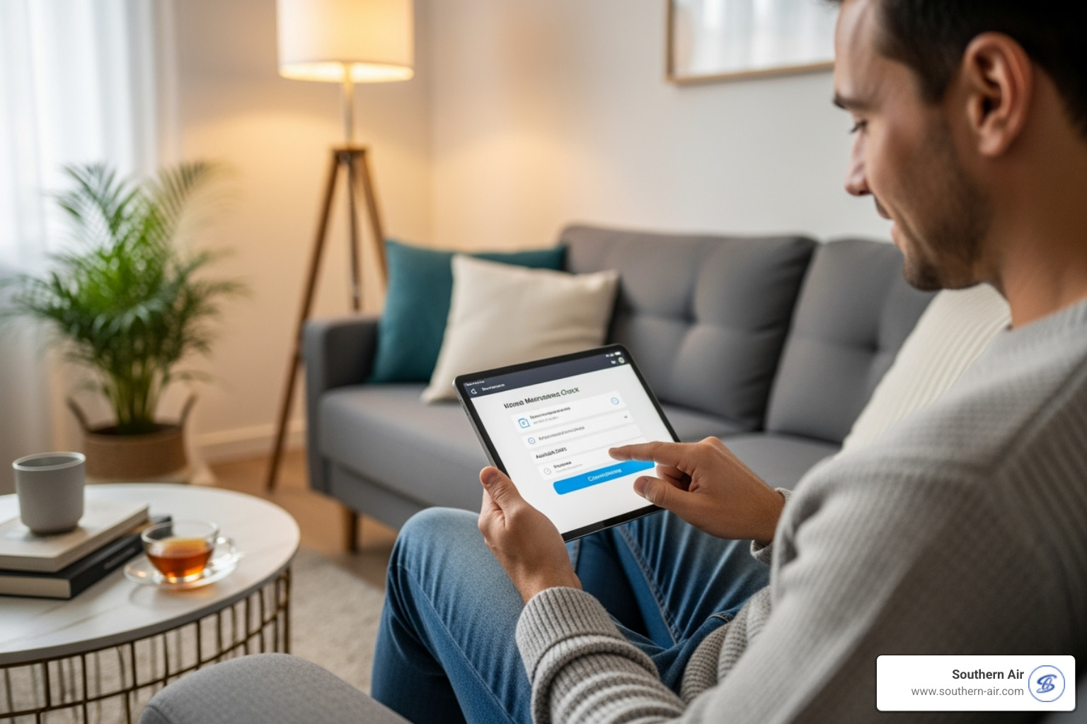 A homeowner scheduling a maintenance check on a tablet, looking relaxed and comfortable - ac installation lynchburg