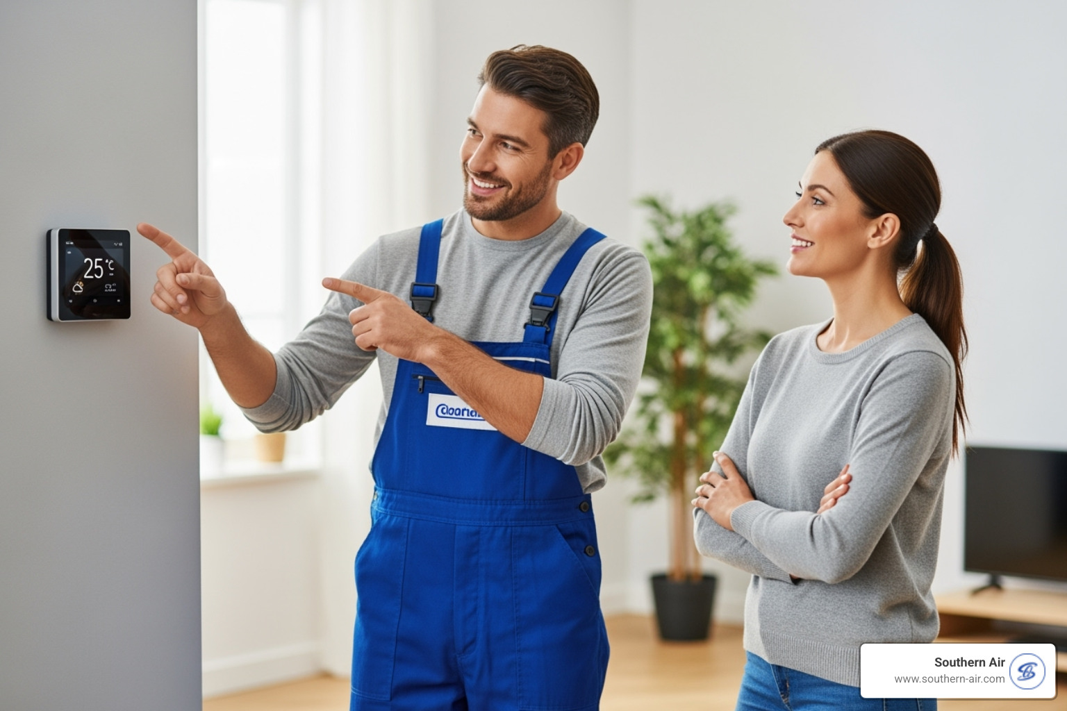 technician showing a customer a new thermostat - Boiler installation specialists