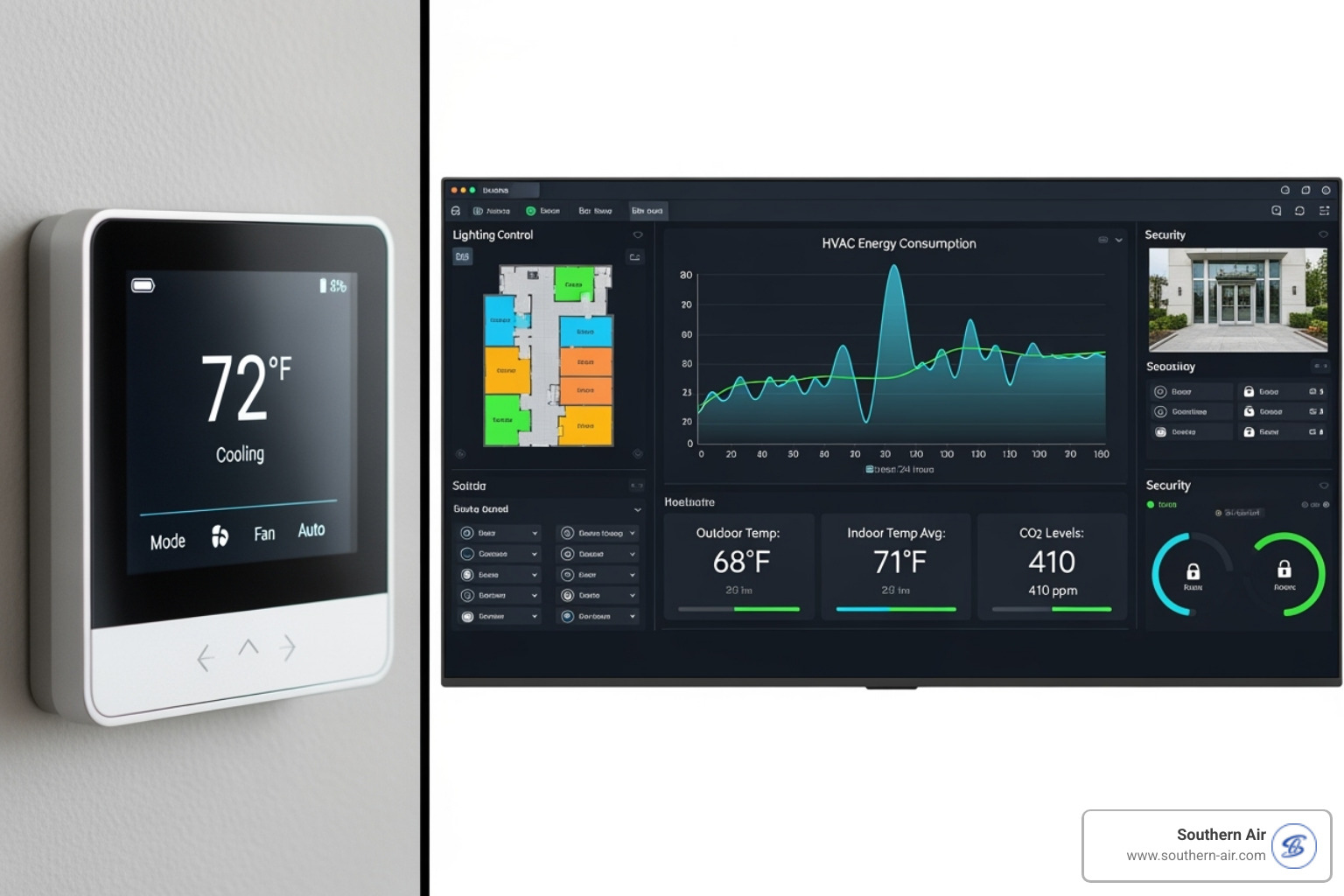 Image comparing a residential smart thermostat interface with a complex commercial building automation dashboard - Energy management systems