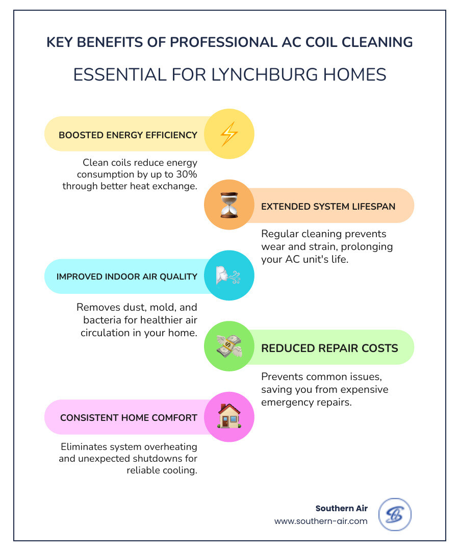 Infographic showing the air conditioning cycle with evaporator coils absorbing indoor heat and condenser coils releasing heat outside, highlighting how dirt buildup blocks this heat exchange process - air conditioning coil cleaning lynchburg infographic infographic-line-5-steps-colors Infographic showing the air conditioning cycle with evaporator coils absorbing indoor heat and condenser coils releasing heat outside, highlighting how dirt buildup blocks this heat exchange process - air conditioning coil cleaning lynchburg infographic infographic-line-5-steps-colors