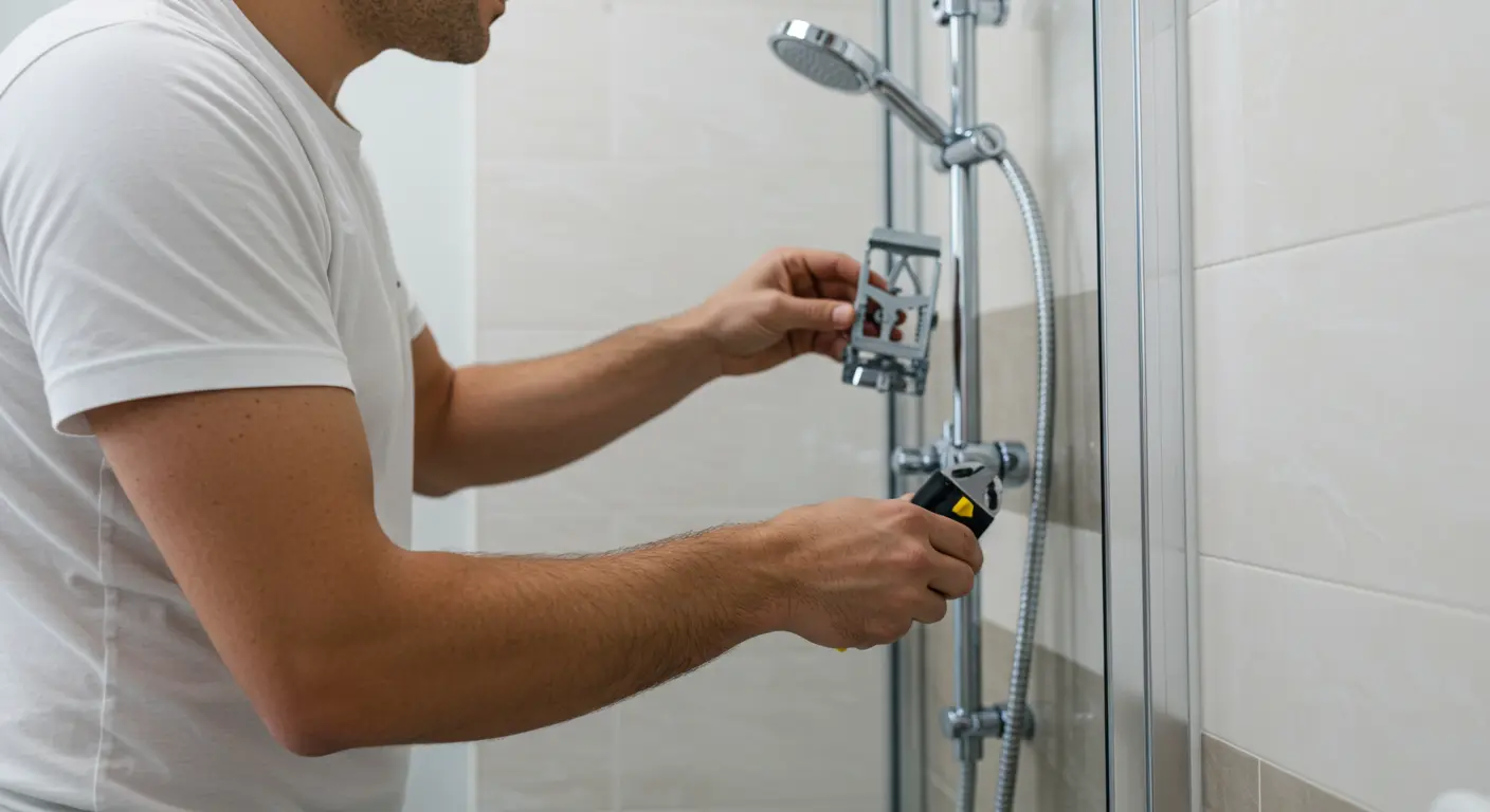 Man with brown hair in a white shirt using a wrench adjusting a shower head in a tiled bathroom