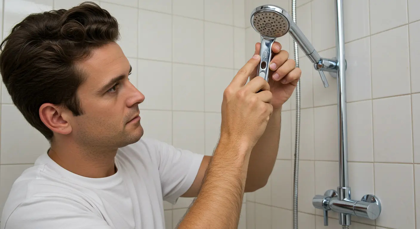 Man with brown hair in a white shirt using a wrench adjusting a shower head in a tiled bathroom