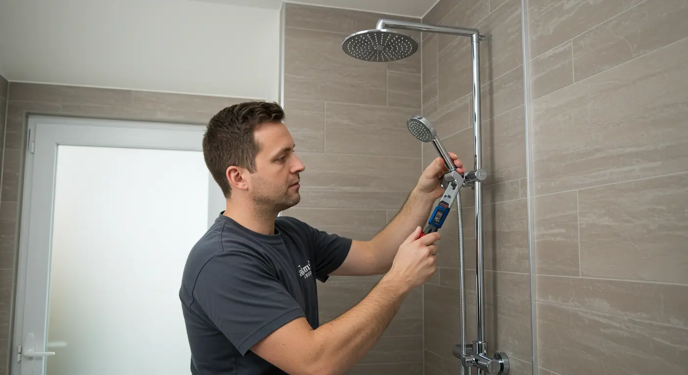 Man with brown hair in a dark shirt using a wrench adjusting a shower head in a modern bathroom