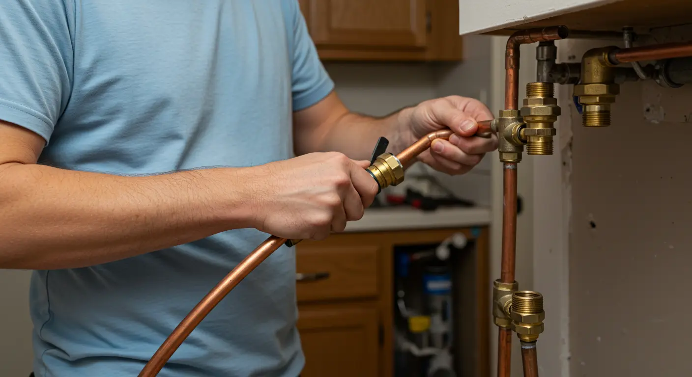 A plumber works on pipes under a sink
