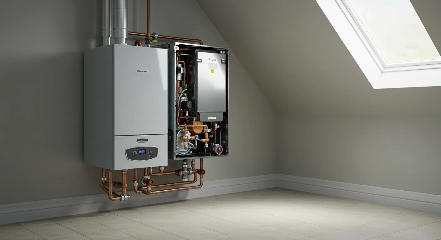 A modern boiler with an open front panel revealing its internal components, mounted on a wall in a room with a sloped ceiling and a skylight.