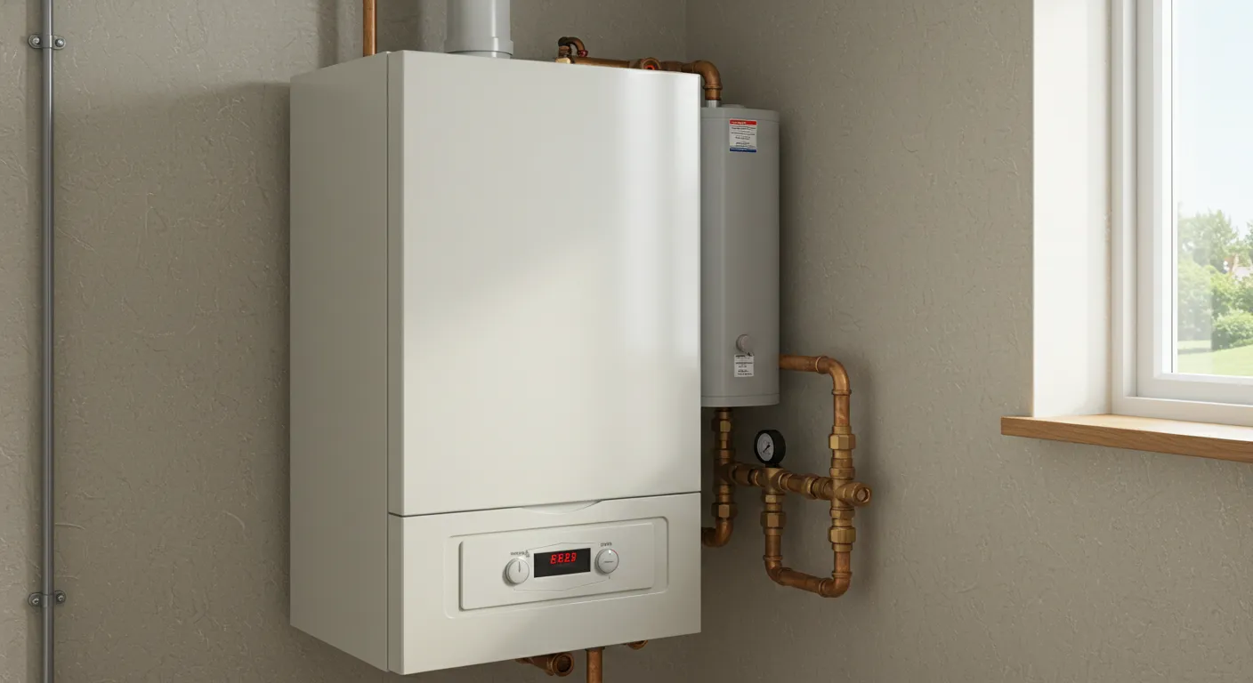 A compact white boiler mounted on a wall next to a smaller, gray water tank and a window, with copper pipes connecting the two units.