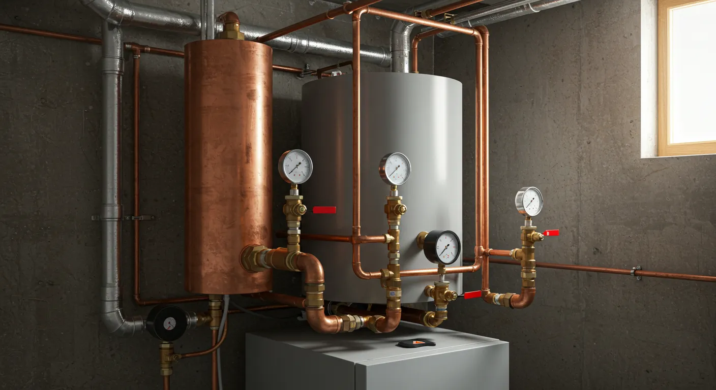 A large, industrial boiler setup in a basement-like room with concrete walls, featuring a tall copper tank, a gray tank, and numerous pressure gauges and valves.