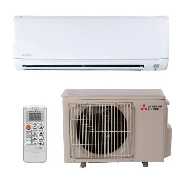 Complete Mitsubishi ductless mini-split system showing the white indoor wall unit, the beige outdoor condenser, and the remote control.