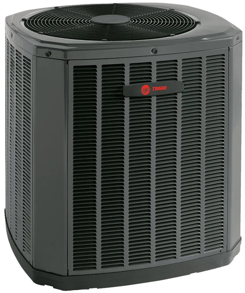 A square-shaped dark gray Trane heat pump or AC outdoor condenser unit.