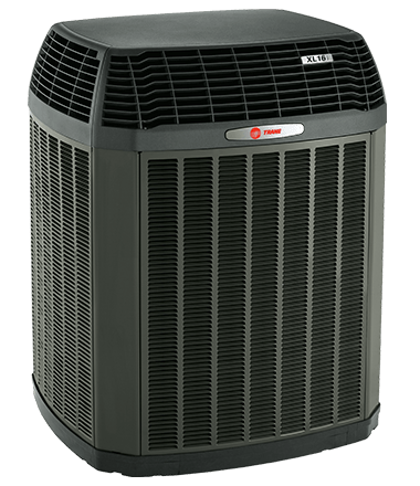 A gray Trane XL16i air conditioner outdoor condenser unit.