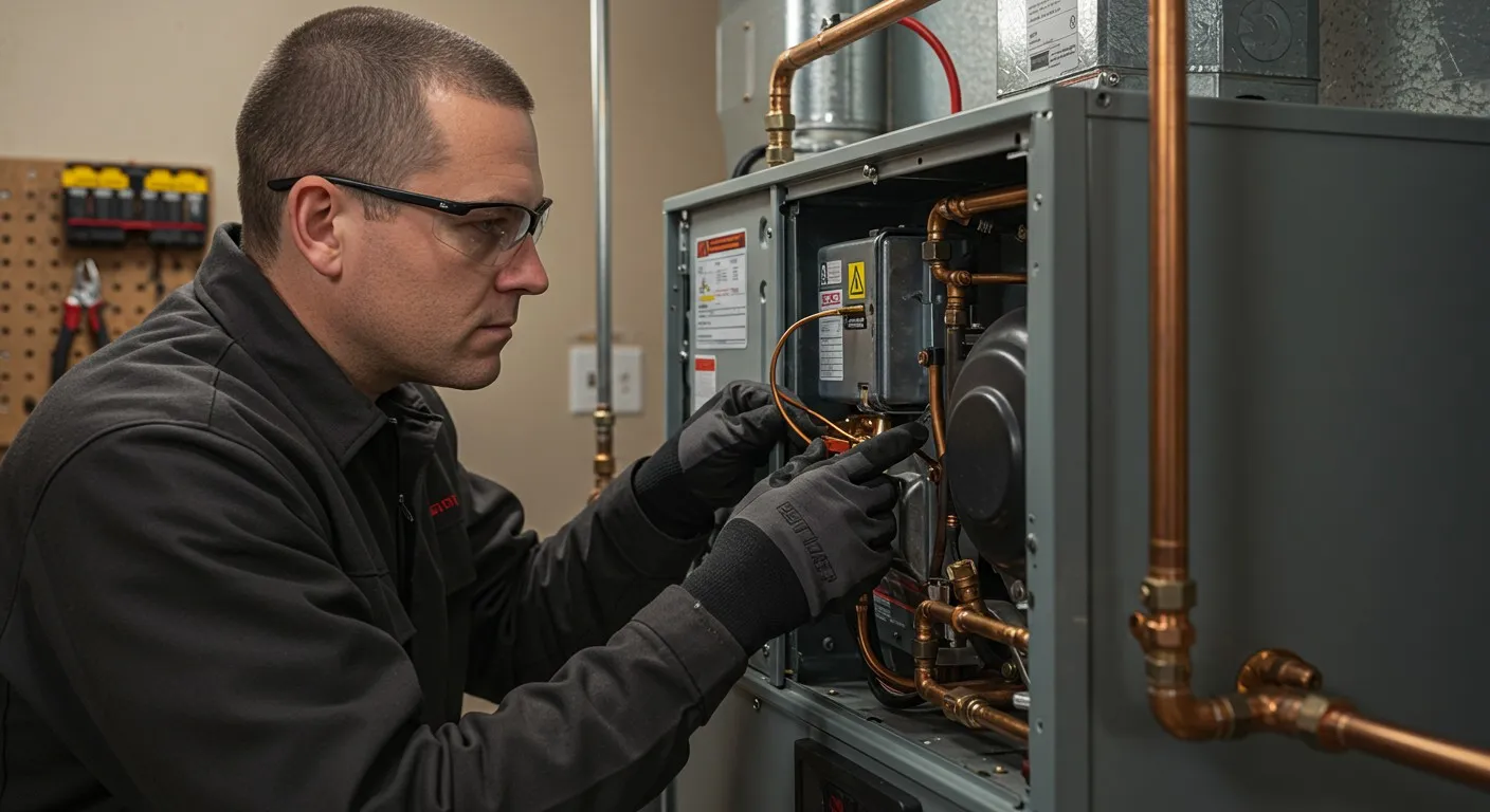 Technician checking wires inside furnace unit.