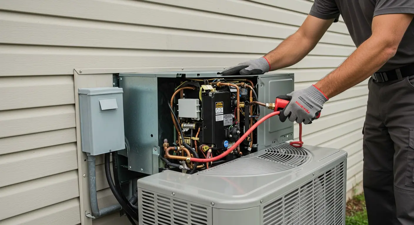 HVAC technician servicing outdoor compressor unit.