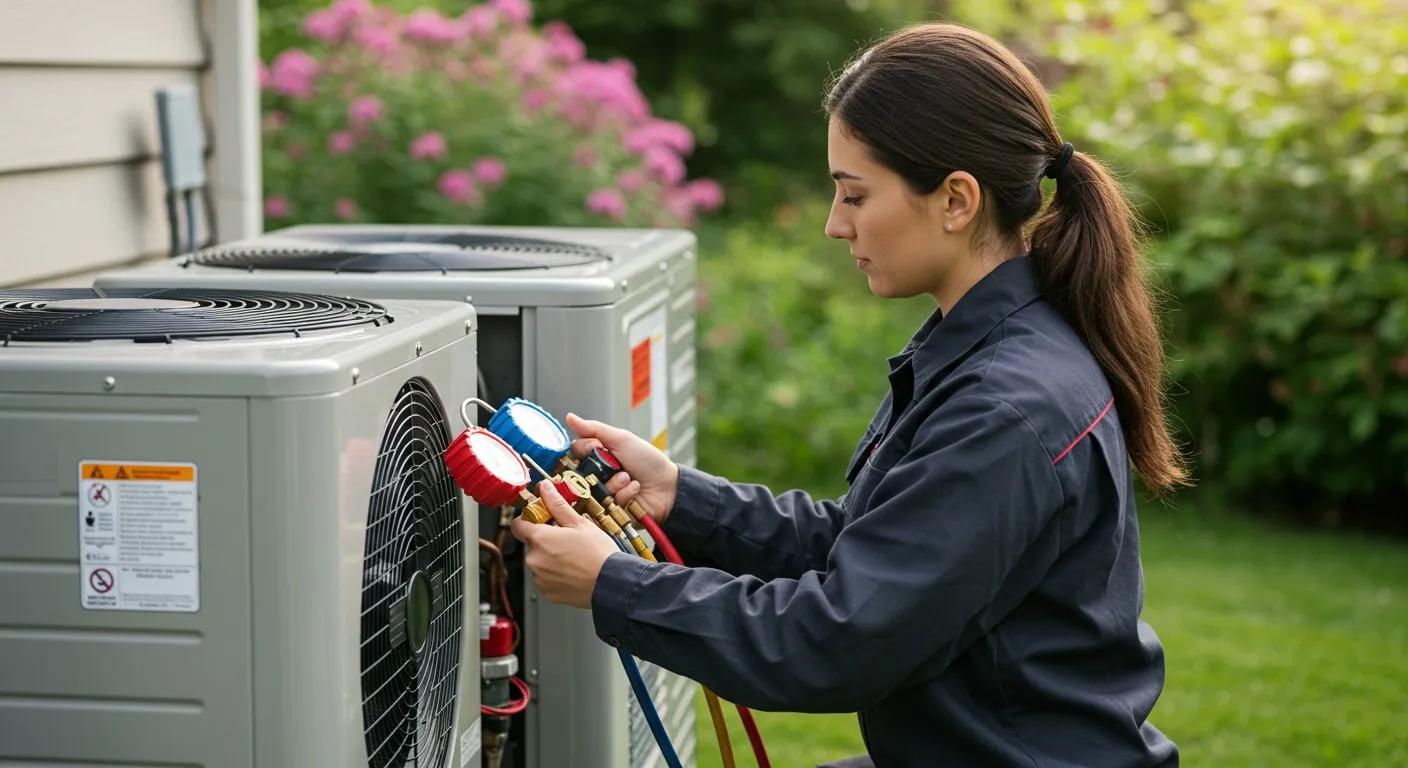 HVAC technician using manifold gauges outdoors.