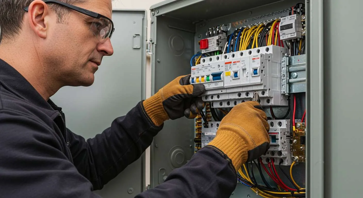  An electrician, wearing safety glasses and a dark jacket, is installing or repairing circuit breakers in an open electrical panel or distribution board. He is wearing tan and black work gloves and is carefully working with a row of white circuit breakers that are connected to a tangle of yellow, blue, and black wires.