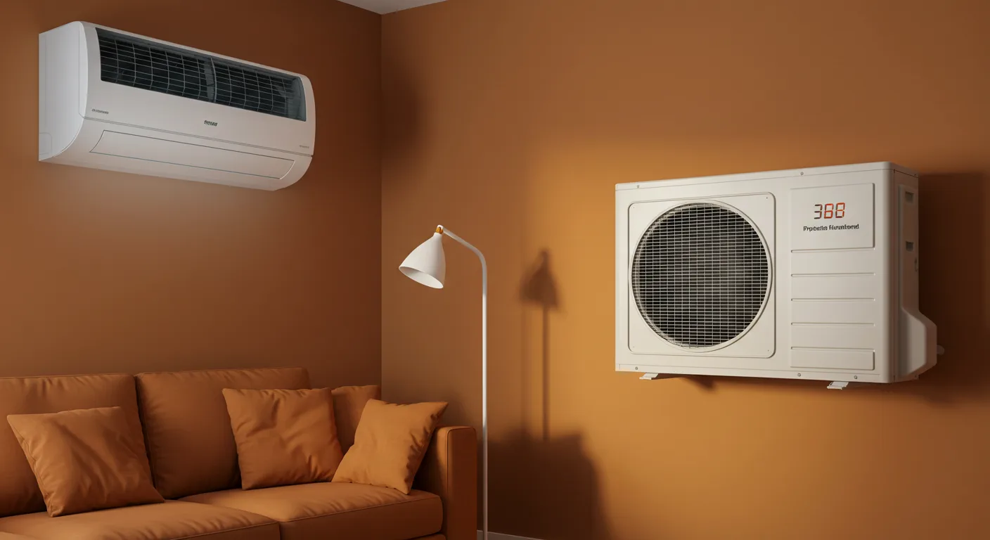 A mini-split air conditioning system is installed in an interior room with orange-brown walls. On the left, the white indoor unit is mounted high above a matching orange-brown couch. On the perpendicular wall to the right, a large, white outdoor condenser unit is also mounted indoors, featuring a circular grille and a digital display showing "388." A white floor lamp is visible in the corner.