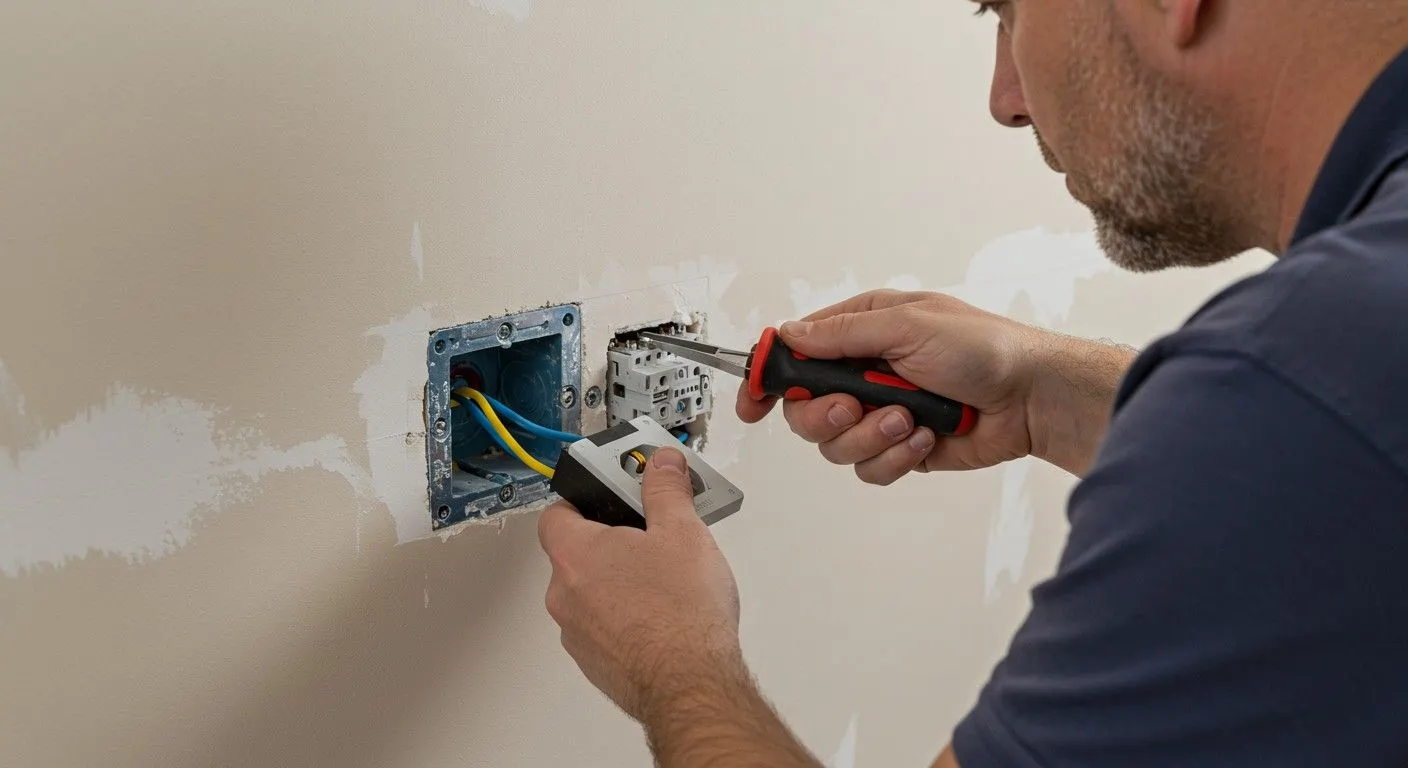  An electrician, with a beard and wearing a dark blue polo shirt, is installing a new electrical outlet or switch into a drywall wall. He is using a screwdriver with a red and black handle in his right hand to tighten a connection on a white wiring device. His left hand is holding the device and guiding it into the metal gang box where yellow and blue wires are visible.