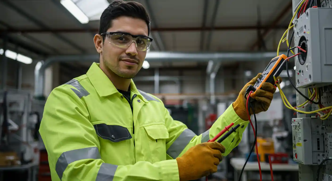  A male electrician or industrial technician is seen in a factory setting, wearing a high-visibility lime green jacket with reflective strips, safety glasses, and orange work gloves. He is holding an orange and black digital multimeter with red and black probes, testing a connection on an electrical control panel to his right, and looking directly at the camera.