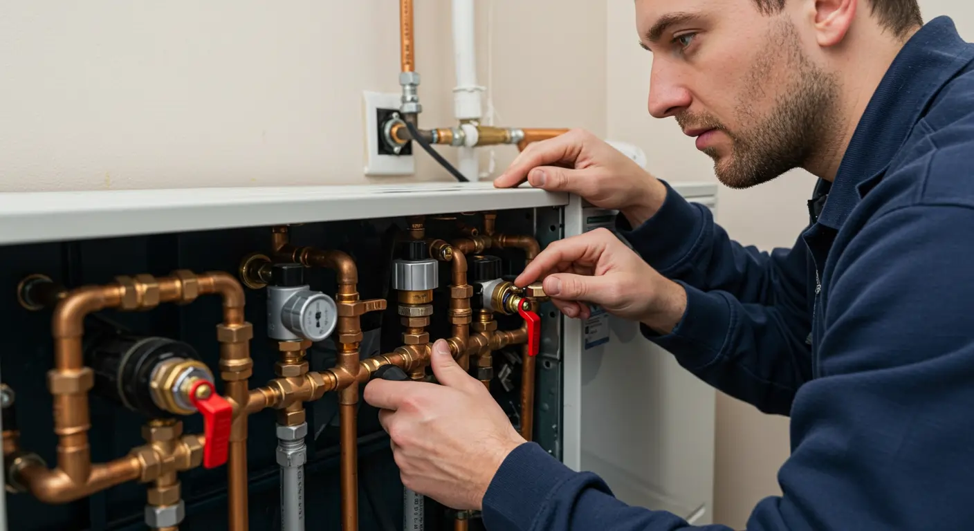  A male plumber or HVAC technician, wearing a dark blue shirt, is closely inspecting and adjusting the copper piping and brass valves inside the service compartment of a heating system or boiler. He is turning a small gold valve with a red handle while his other hand supports the pipework. Multiple pipes, gauges, and fittings are visible against a beige wall.