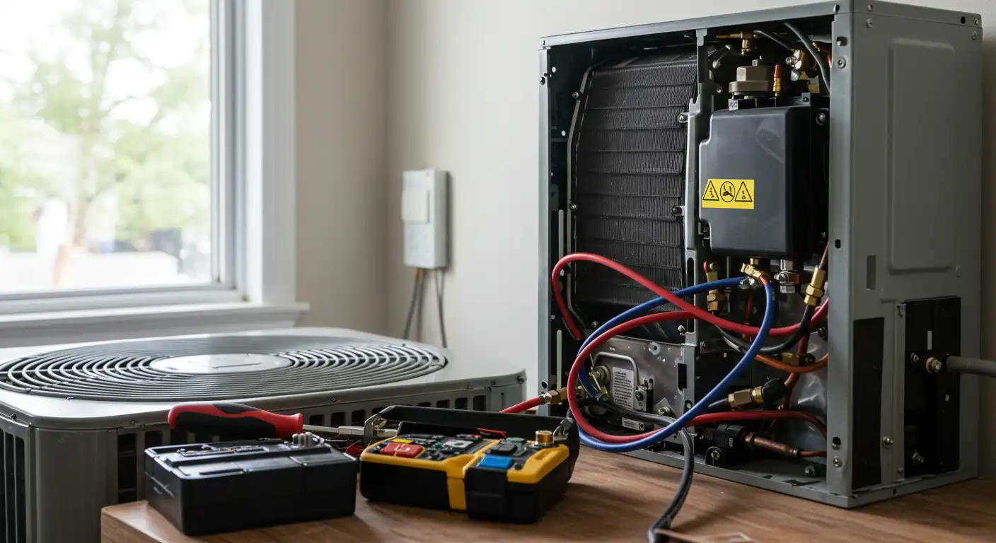 A close-up of an HVAC service setup shows an open air conditioning or heat pump unit on the right, exposing its internal coils and components. A smaller, closed condenser unit with a fan grille is on the left, near a window. In the foreground, a yellow and black diagnostic tool or manifold gauge set and a screwdriver are resting on a wooden surface. Wires and refrigerant lines are connected to the open unit.