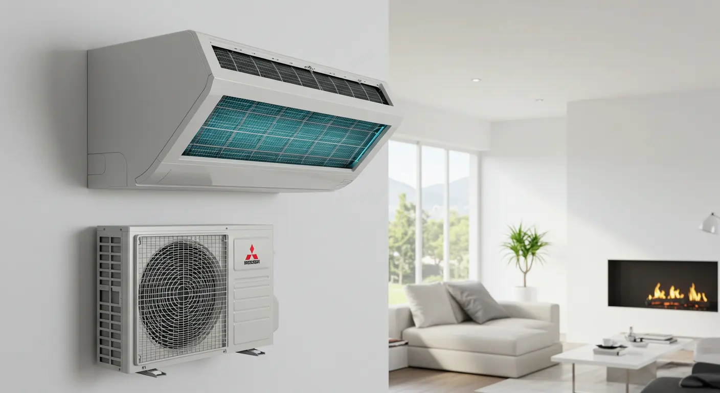  A close-up of a Mitsubishi mini-split air conditioner system. An indoor unit, mounted high on a white wall, has its front panel open, revealing bright blue internal components, likely the cooling coil and filter. Below and slightly to the left, the rectangular outdoor compressor unit is also mounted on the wall. The background shows a bright, modern living room with large windows, a white sofa, and a fireplace.