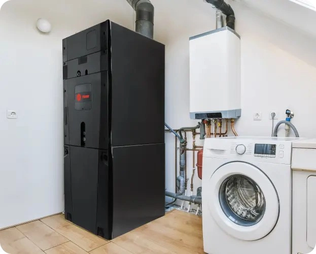  A tall, black heating system or furnace labeled Trane stands next to a white, wall-mounted boiler or water heater, both with venting pipes extending to the ceiling. A white washing machine and an adjacent appliance (likely a dryer) are in the foreground, with various copper and gray pipes, valves, and electrical outlets visible between the mechanical systems and the laundry appliances, all situated on a light wooden floor in what appears to be a utility or laundry room.