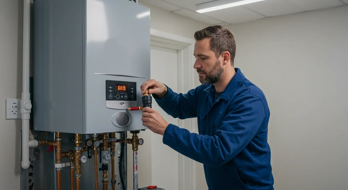 A repairman working on the internal components of a boiler. A plumber installing a new boiler system.