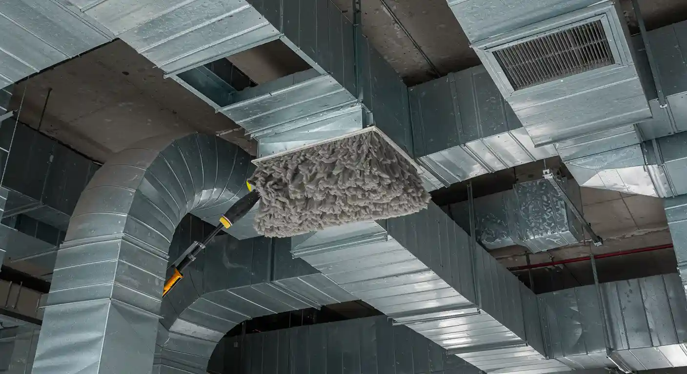 A large, industrial-style HVAC duct system mounted to a concrete ceiling. A worker is using a specialized tool, which appears to be a rotary brush or flexible cleaning head on a pole, to clean the inside of a rectangular metal duct. The cleaning head is visible with a mass of grayish, fibrous material, likely collected dust and debris, hanging from it. The surrounding ducts are made of galvanized metal and include both straight rectangular sections and large, curved cylindrical sections.